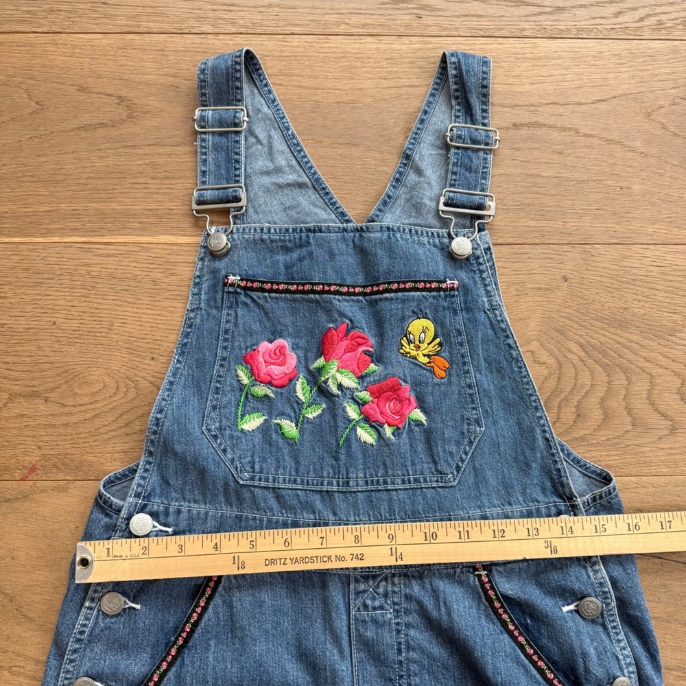 Warner Bros Studio Tweety Bird Rose Embroidered Denim Overall Maxi Dress XS NWT - Picture 4 of 10
